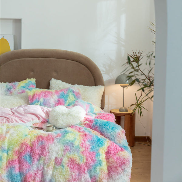 Therapeutic Fluffy Faux Mink & Velvet Fleece Quilt Cover Set - Rainbow Vivid
