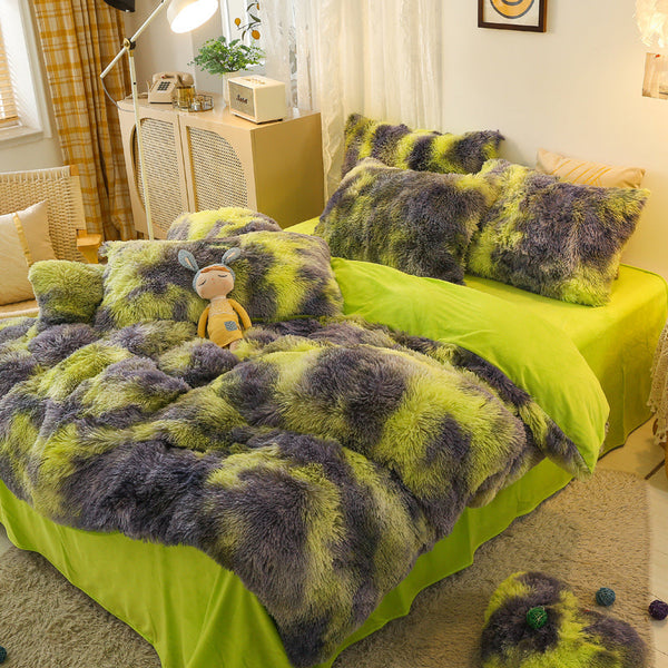 Therapeutic Fluffy Faux Mink & Velvet Fleece Quilt Cover Set - Marble Green