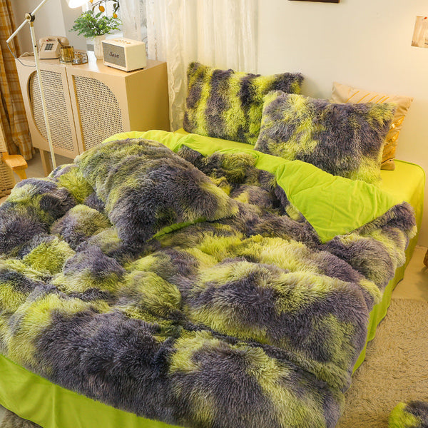 Therapeutic Fluffy Faux Mink & Velvet Fleece Quilt Cover Set - Marble Green