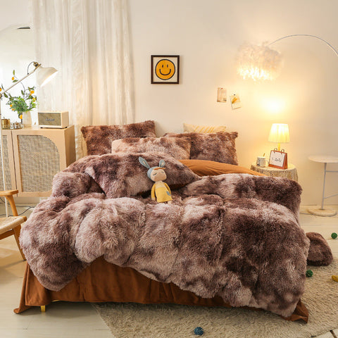 Therapeutic Fluffy Faux Mink & Velvet Fleece Quilt Cover Set - Marble Brown