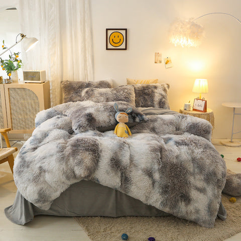 Therapeutic Fluffy Faux Mink & Velvet Fleece Quilt Cover Set - Marble Grey
