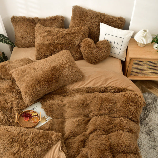 Therapeutic Fluffy Faux Mink & Velvet Fleece Quilt Cover Set - Brown