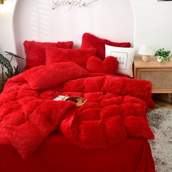 Therapeutic Fluffy Faux Mink & Velvet Fleece Quilt Cover Set - Vivid Red