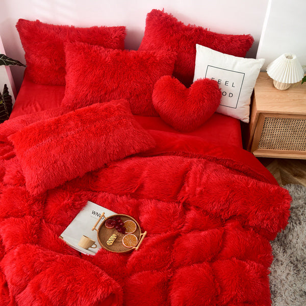 Therapeutic Fluffy Faux Mink & Velvet Fleece Quilt Cover Set - Vivid Red