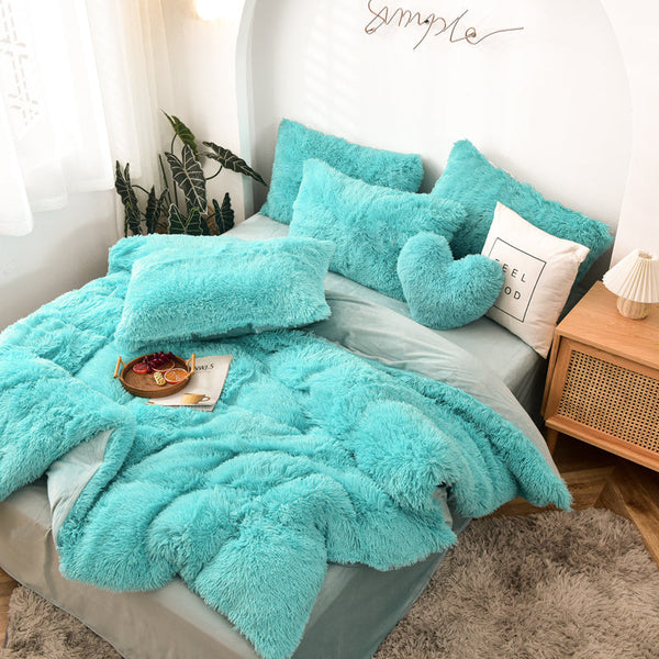 Therapeutic Fluffy Faux Mink & Velvet Fleece Quilt Cover Set - Turquoise