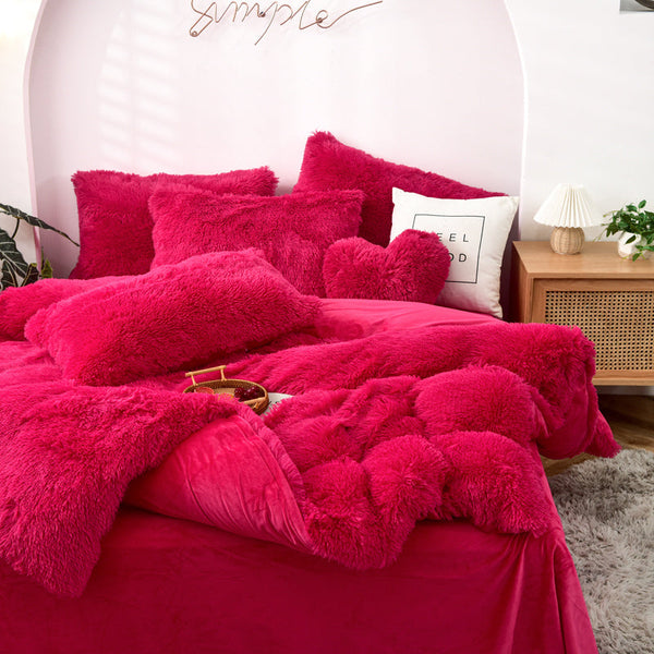 Therapeutic Fluffy Faux Mink & Velvet Fleece Quilt Cover Set - Hot Pink
