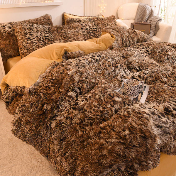 Therapeutic Fluffy Faux Mink & Velvet Fleece Quilt Cover Set - Leopard