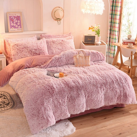 Therapeutic Fluffy Faux Mink & Velvet Fleece Quilt Cover Set - Deep Pink White