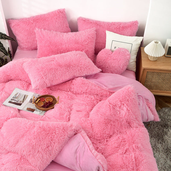 Therapeutic Fluffy Faux Mink & Velvet Fleece Quilt Cover Set - Pink