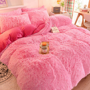 Therapeutic Fluffy Faux Mink & Velvet Fleece Quilt Cover Set - Pink white
