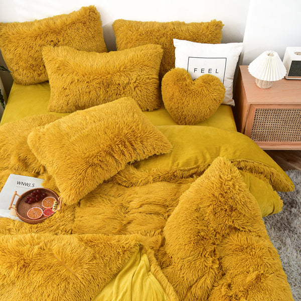 Therapeutic Fluffy Faux Mink & Velvet Fleece Quilt Cover Set - Yellow Gold