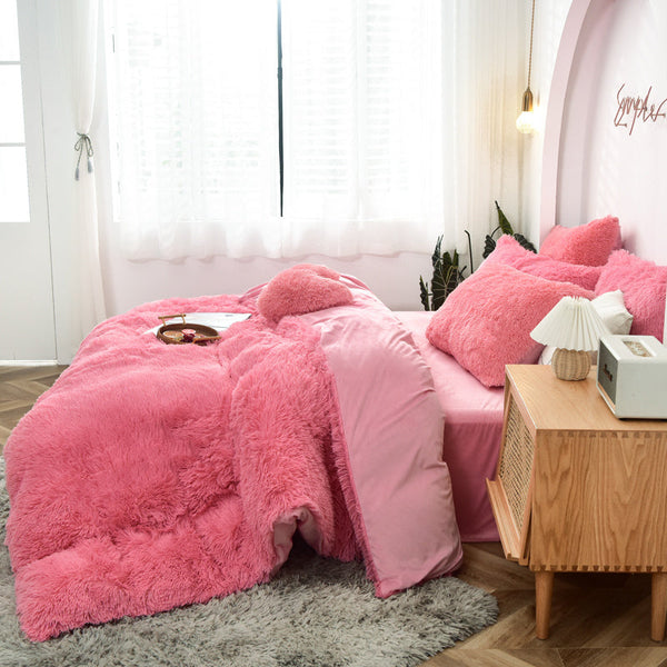 Therapeutic Fluffy Faux Mink & Velvet Fleece Quilt Cover Set - Pink Peach