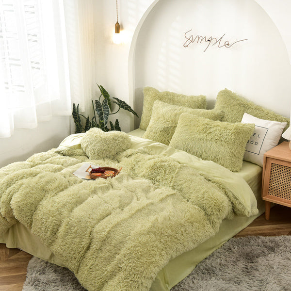 Therapeutic Fluffy Faux Mink & Velvet Fleece Quilt Cover Set - Light Green