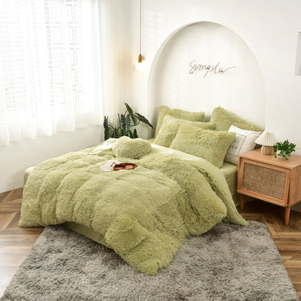 Therapeutic Fluffy Faux Mink & Velvet Fleece Quilt Cover Set - Light Green