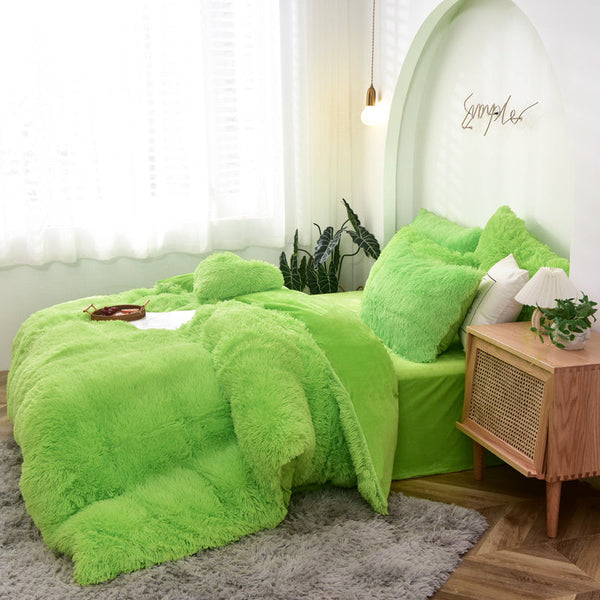 Therapeutic Fluffy Faux Mink & Velvet Fleece Quilt Cover Set - Lime Green