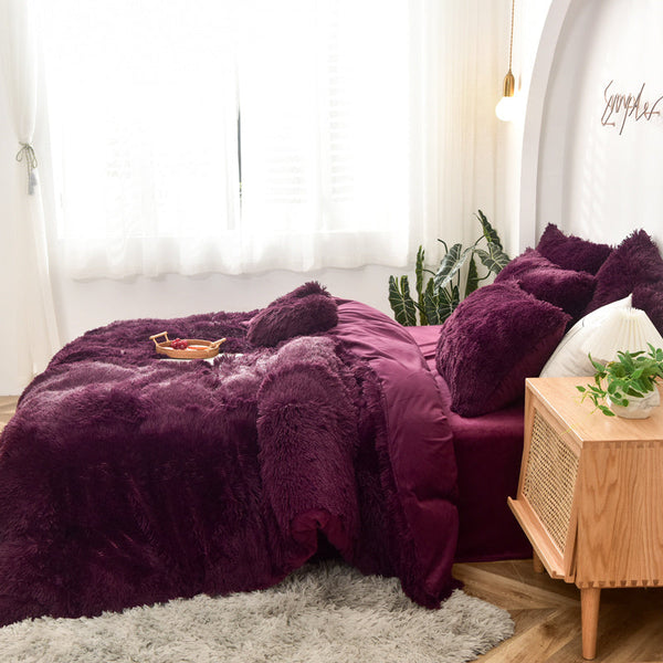 Therapeutic Fluffy Faux Mink & Velvet Fleece Quilt Cover Set - Wine Purple