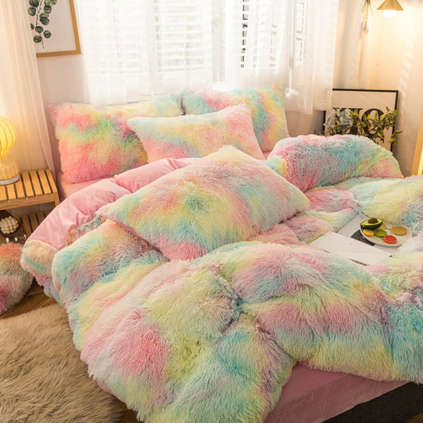 Therapeutic Fluffy Faux Mink & Velvet Fleece Quilt Cover Set - Rainbow Vivid