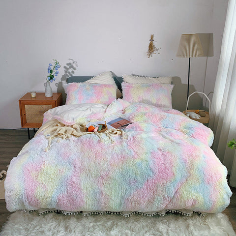 Therapeutic Fluffy Faux Mink & Velvet Fleece Quilt Cover Set - Soft Rainbow