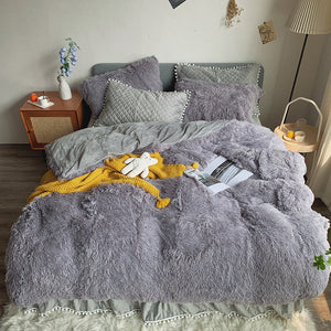 Therapeutic Fluffy Faux Mink & Velvet Fleece Quilt Cover Set - Soft Grey