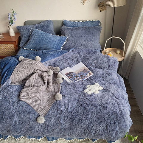 Therapeutic Fluffy Faux Mink & Velvet Fleece Quilt Cover Set - Soft Blue