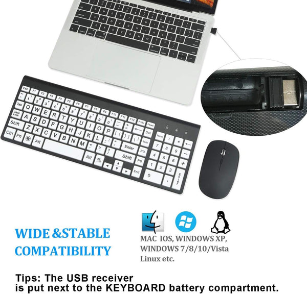 Large Print Wireless Keyboard and Mouse Set High Contrast for Low Vision
