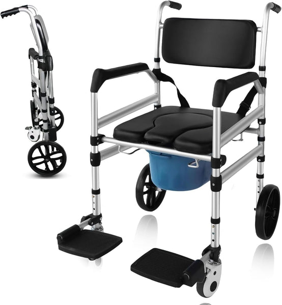 Rolling Shower Chair with Wheels Foldable Commode Seat
