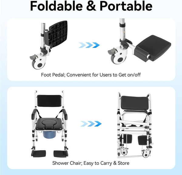 Rolling Shower Chair with Wheels Foldable Commode Seat