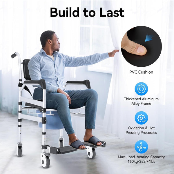 Rolling Shower Chair with Wheels Foldable Commode Seat