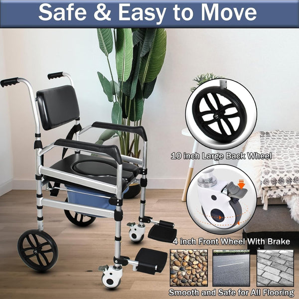 Rolling Shower Chair with Wheels Foldable Commode Seat