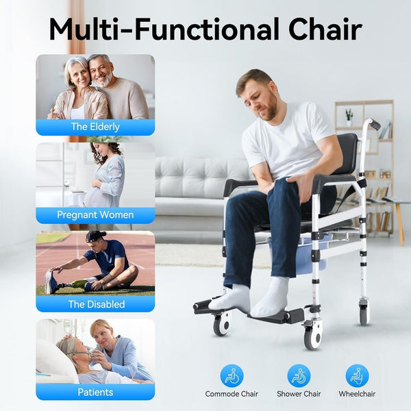 Rolling Shower Chair with Wheels Foldable Commode Seat