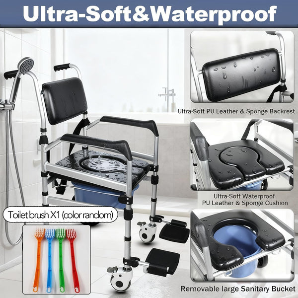 Rolling Shower Chair with Wheels Foldable Commode Seat
