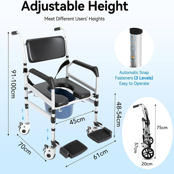 Rolling Shower Chair with Wheels Foldable Commode Seat