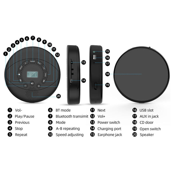 CD Player with Speaker Bluetooth Audiobook