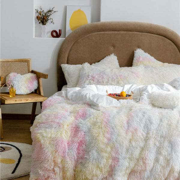 Therapeutic Fluffy Faux Mink & Velvet Fleece Quilt Cover Set - Rainbow Pale