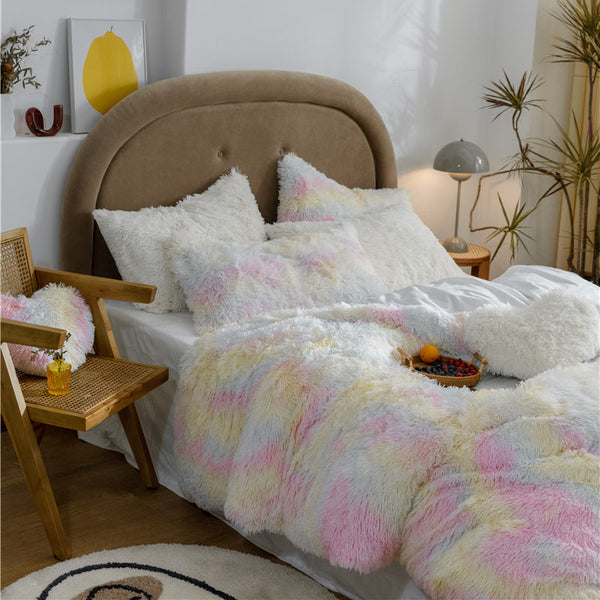 Therapeutic Fluffy Faux Mink & Velvet Fleece Quilt Cover Set - Rainbow Pale