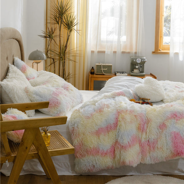 Therapeutic Fluffy Faux Mink & Velvet Fleece Quilt Cover Set - Rainbow Pale