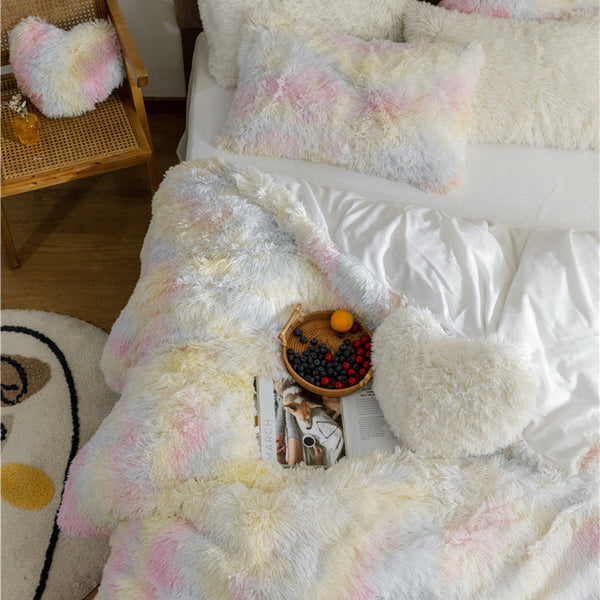 Therapeutic Fluffy Faux Mink & Velvet Fleece Quilt Cover Set - Rainbow Pale