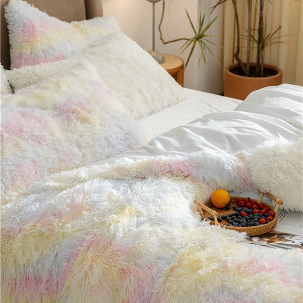 Therapeutic Fluffy Faux Mink & Velvet Fleece Quilt Cover Set - Rainbow Pale