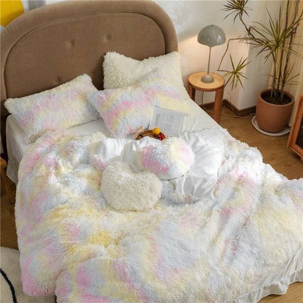 Therapeutic Fluffy Faux Mink & Velvet Fleece Quilt Cover Set - Rainbow Pale