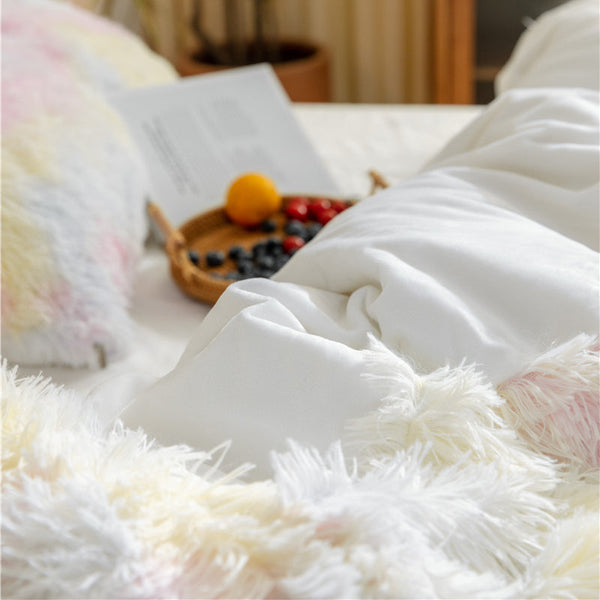 Therapeutic Fluffy Faux Mink & Velvet Fleece Quilt Cover Set - Rainbow Pale