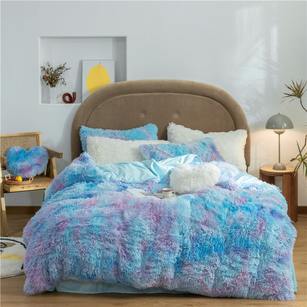 Therapeutic Fluffy Faux Mink & Velvet Fleece Quilt Cover Set - Rainbow Purple Blue