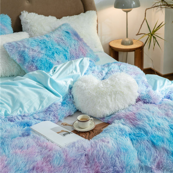 Therapeutic Fluffy Faux Mink & Velvet Fleece Quilt Cover Set - Rainbow Purple Blue