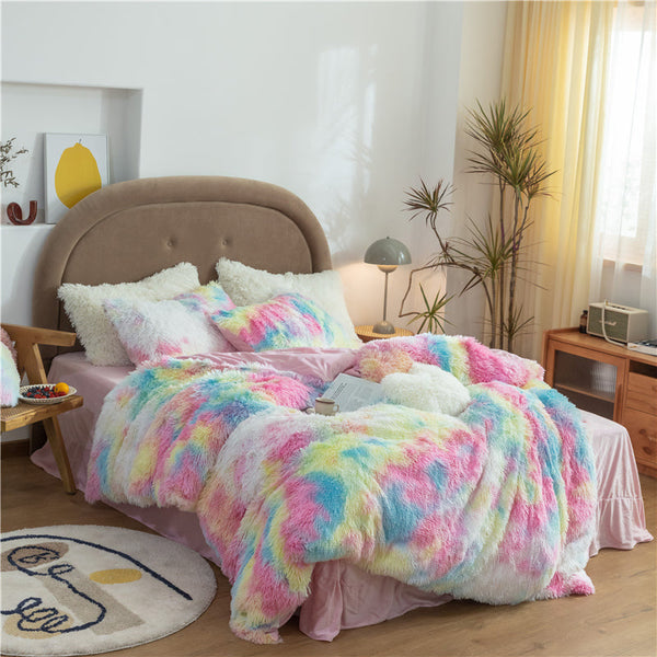 Therapeutic Fluffy Faux Mink & Velvet Fleece Quilt Cover Set - Rainbow Vivid