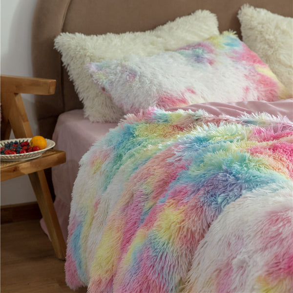 Therapeutic Fluffy Faux Mink & Velvet Fleece Quilt Cover Set - Rainbow Vivid