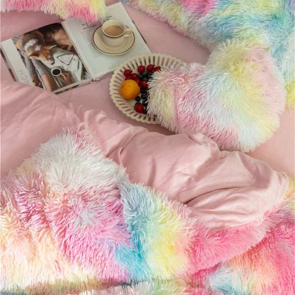 Therapeutic Fluffy Faux Mink & Velvet Fleece Quilt Cover Set - Rainbow Vivid