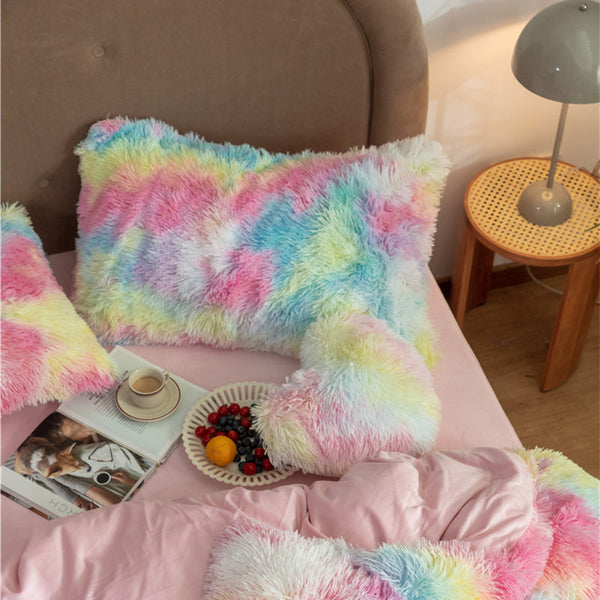 Therapeutic Fluffy Faux Mink & Velvet Fleece Quilt Cover Set - Rainbow Vivid