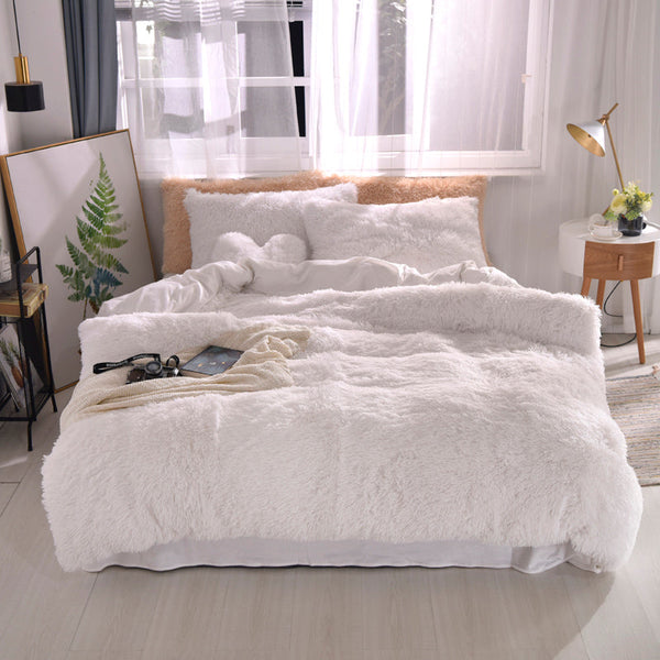 Therapeutic Fluffy Faux Mink & Velvet Fleece Quilt Cover Set - Pure White