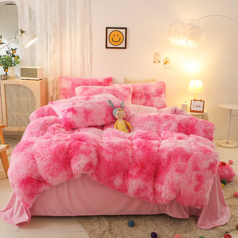 Therapeutic Fluffy Faux Mink & Velvet Fleece Quilt Cover Set - Marble Pink