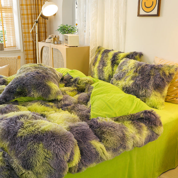 Therapeutic Fluffy Faux Mink & Velvet Fleece Quilt Cover Set - Marble Green