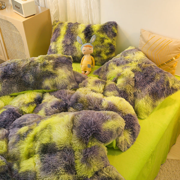 Therapeutic Fluffy Faux Mink & Velvet Fleece Quilt Cover Set - Marble Green